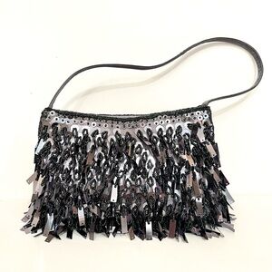 Metallic Silver Slate Mini Beaded Sequin Shoulder Evening Bag